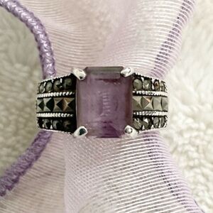 Vintage Sterling Silver 925 Pale Amethyst Marcasite Ring Size 6 Emerald Cut
